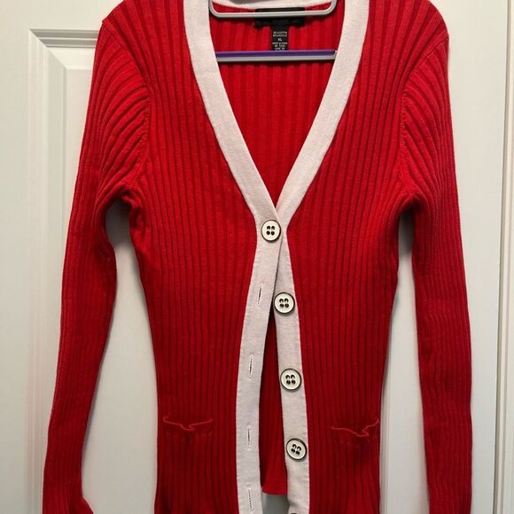 Cable & Gauge Cardigan Sweater X-Large Red/White EUC Lots of Stretch - Picture 3 of 10